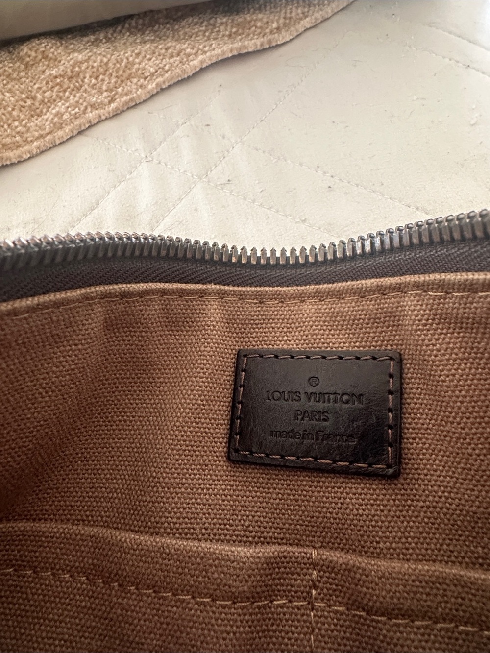 Louis Vuitton Tan Canvas Duffel Bag Interior with Brown Leather Patch